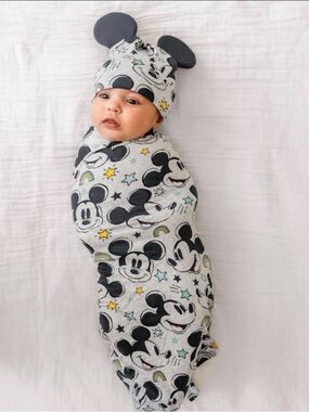 Little Sleepies Disney Mickey Forever Swaddle Blanket & Knotted Hat Set NWT